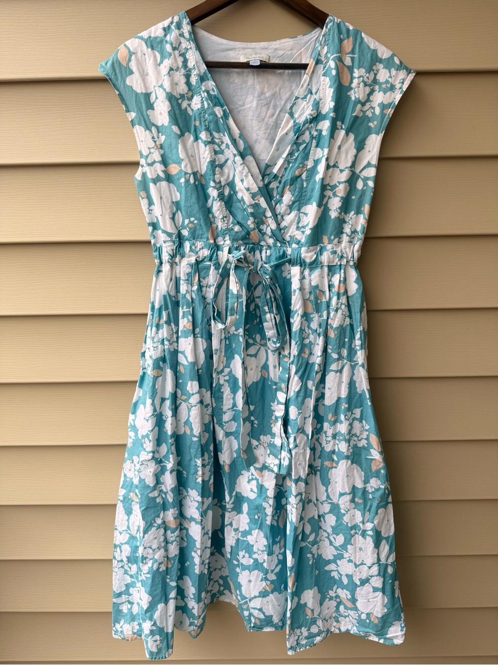 Garnet Hill Floral Cotton Wrap Dress Size 10 Teal White Tie Waist